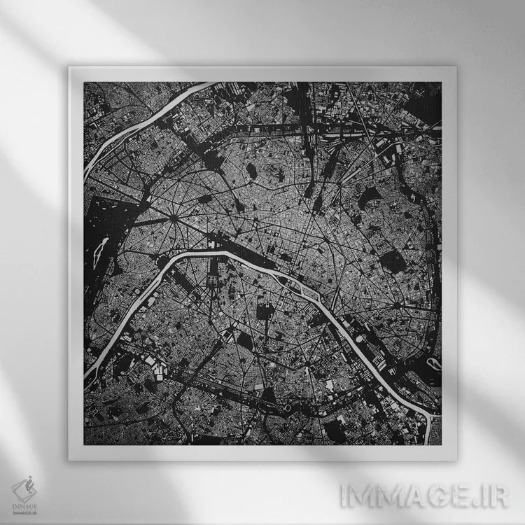 تابلو نقشه شهری پاریس (سیاه) اثر اوربانمپ (نقشه شهری؛ استودیو نقشه یا طراح) - نمای قابدار سفید