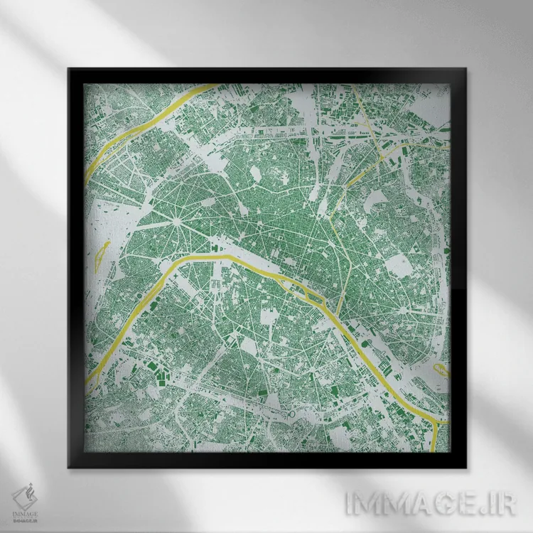 تابلو نقشه شهری پاریس (سبز) اثر اوربانمپ (نقشه شهری؛ استودیو نقشه یا طراح) - نمای قابدار مشکی
