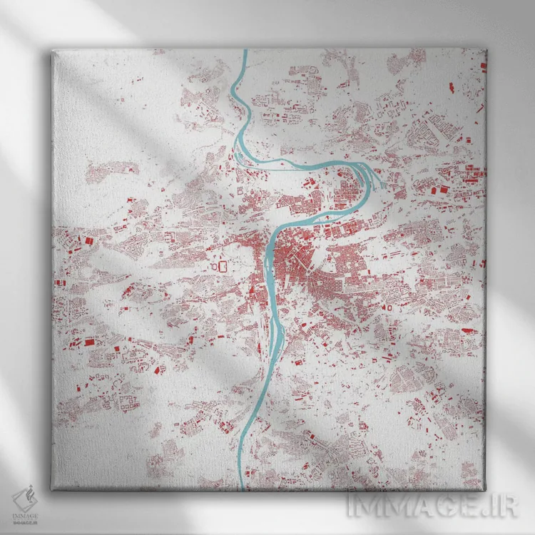 تابلو نقشهٔ شهری پراگ (قرمز) اثر اوربانمپ (نقشه شهری؛ استودیو نقشه یا طراح) - نمای روبهرو روی دیوار