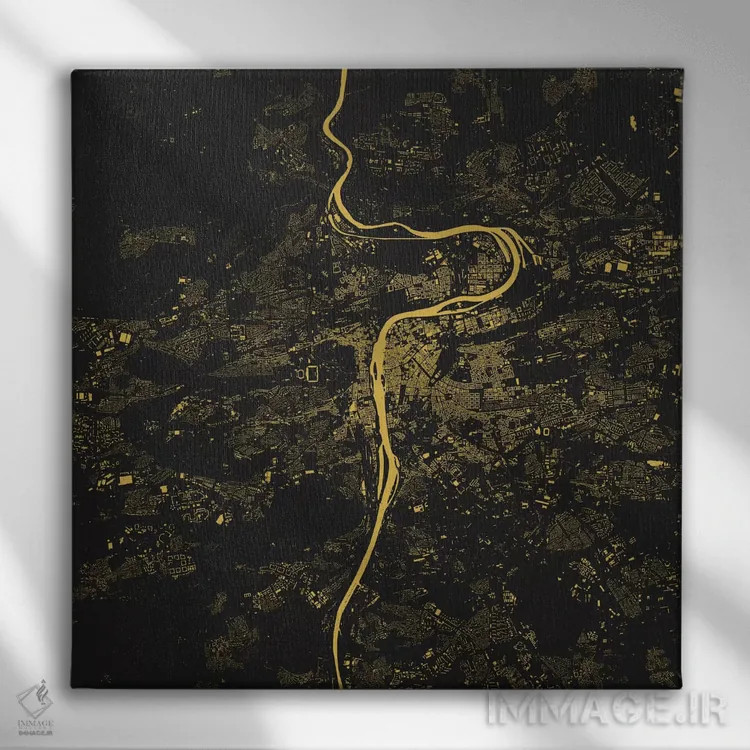 تابلو نقشهٔ شهری پراگ (زرد) اثر اوربانمپ (نقشه شهری؛ استودیو نقشه یا طراح) - نمای روبهرو روی دیوار