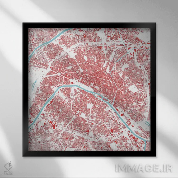 تابلو نقشهٔ شهری پاریس (قرمز) اثر اوربانمپ (نقشه شهری؛ استودیو نقشه یا طراح) - نمای قابدار مشکی