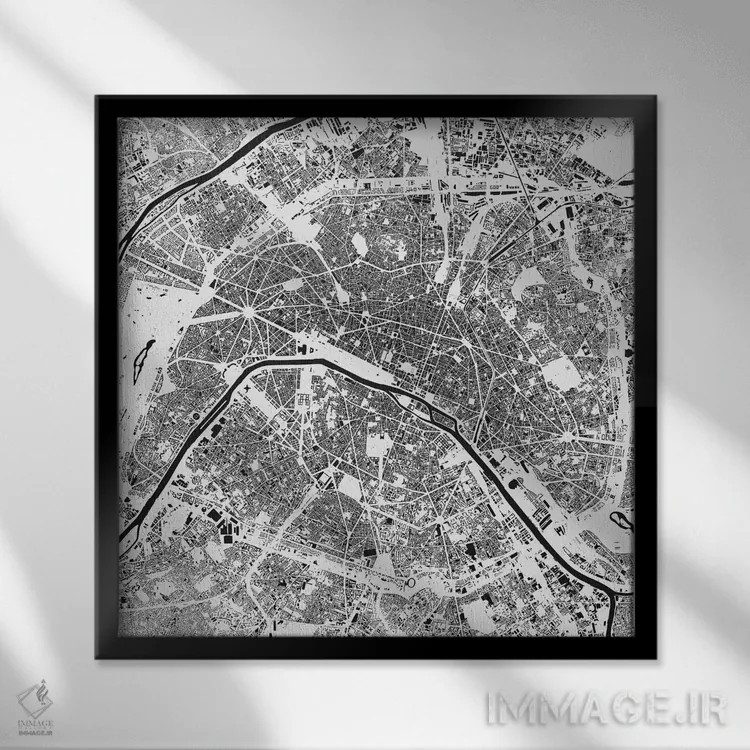 تابلو نقشهٔ شهری پاریس (سفید) اثر اوربانمپ (نقشه شهری؛ استودیو نقشه یا طراح) - نمای قابدار مشکی