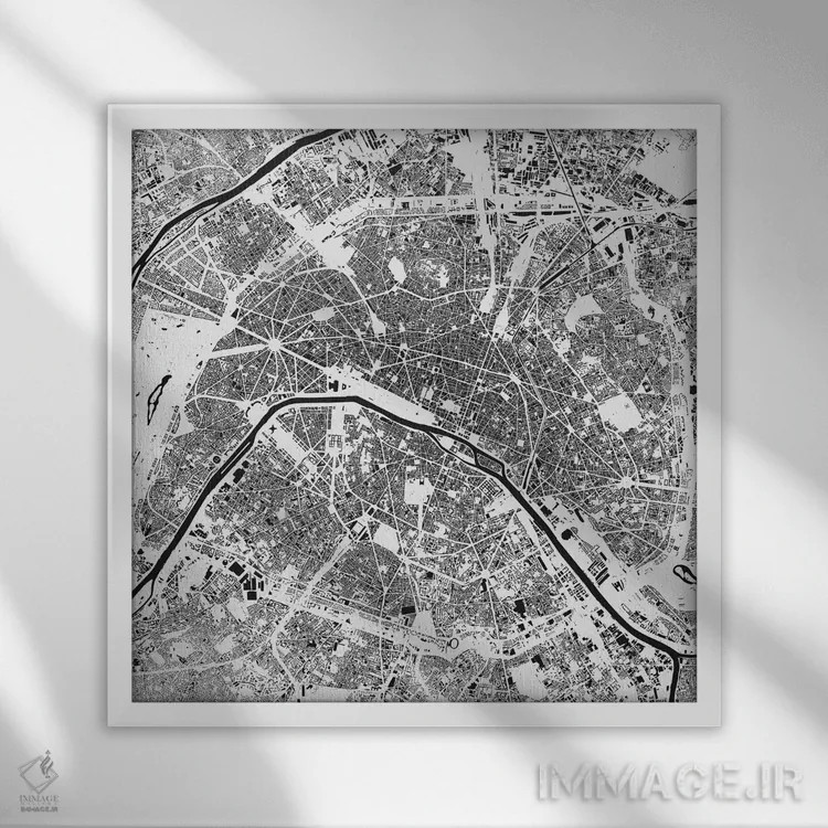 تابلو نقشهٔ شهری پاریس (سفید) اثر اوربانمپ (نقشه شهری؛ استودیو نقشه یا طراح) - نمای قابدار سفید