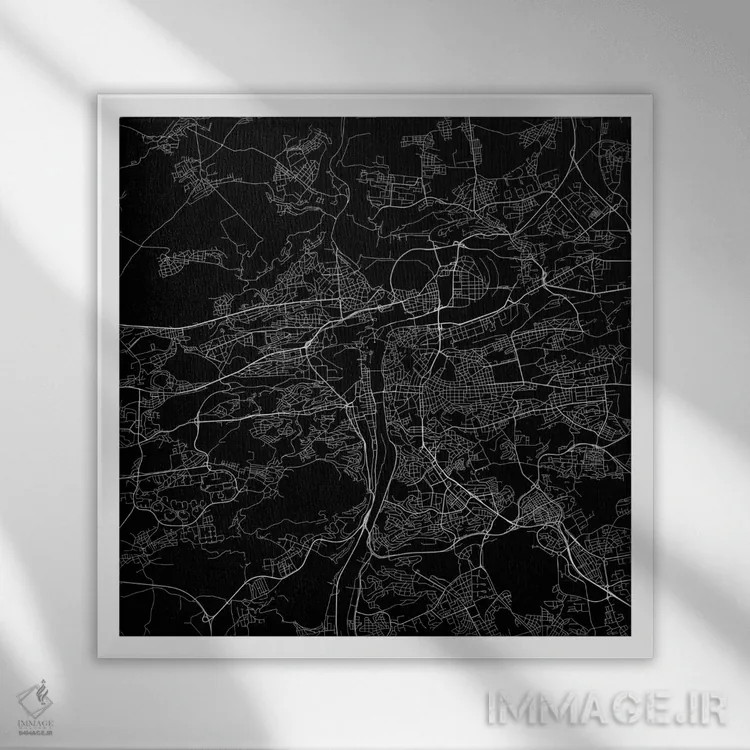 تابلو نقشهٔ جادههای شهری پراگ (سیاه) اثر اوربانمپ (نقشه شهری؛ استودیو نقشه یا طراح) - نمای قابدار سفید