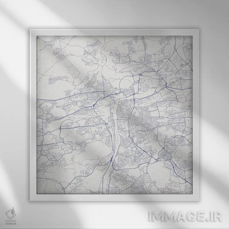 تابلو نقشهٔ جادههای شهری پراگ (آبی) اثر اوربانمپ (نقشه شهری؛ استودیو نقشه یا طراح) - نمای قابدار سفید