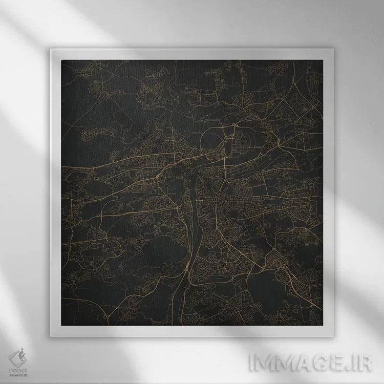 تابلو نقشهٔ جادههای شهری پراگ (طلایی) اثر اوربانمپ (نقشه شهری؛ استودیو نقشه یا طراح) - نمای قابدار سفید
