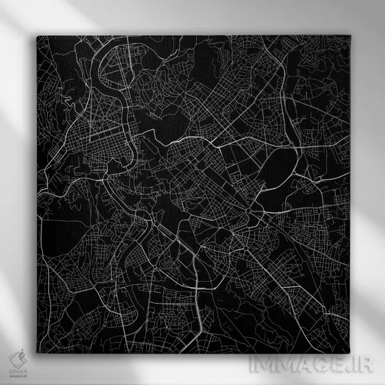 تابلو نقشهٔ جادههای شهری رم (سیاه) اثر اوربانمپ (نقشه شهری؛ استودیو نقشه یا طراح) - نمای روبهرو روی دیوار