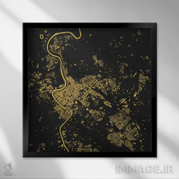 تابلو نقشهٔ شهری رم (زرد) اثر اوربانمپ (نقشه شهری؛ استودیو نقشه یا طراح) - نمای قابدار مشکی