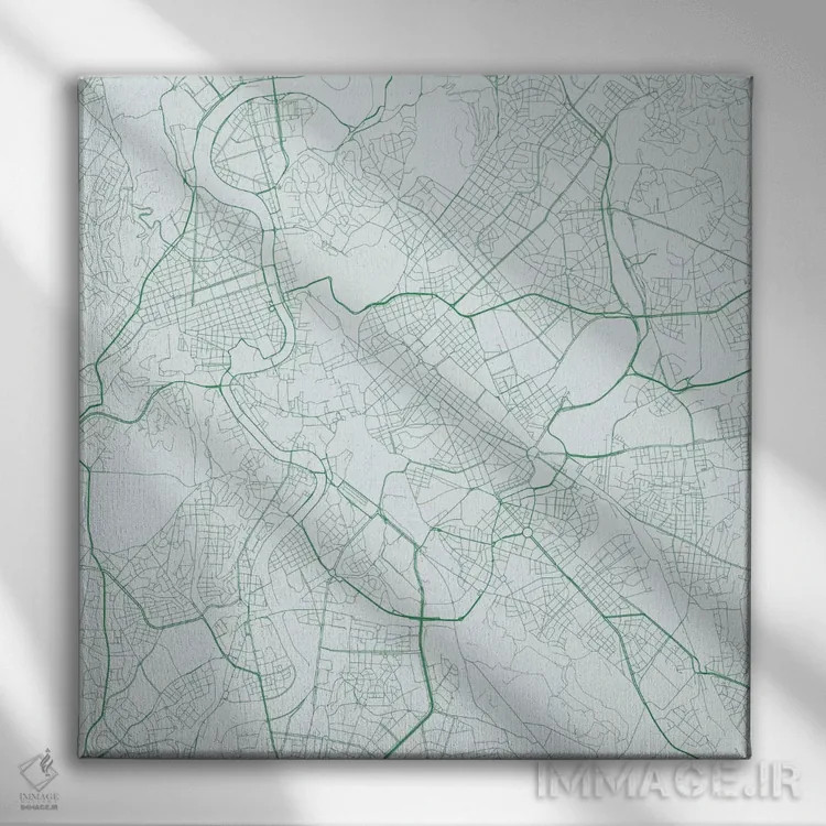 تابلو نقشهٔ جادههای شهری رم (سبز) اثر اوربانمپ (نقشه شهری؛ استودیو نقشه یا طراح) - نمای روبهرو روی دیوار