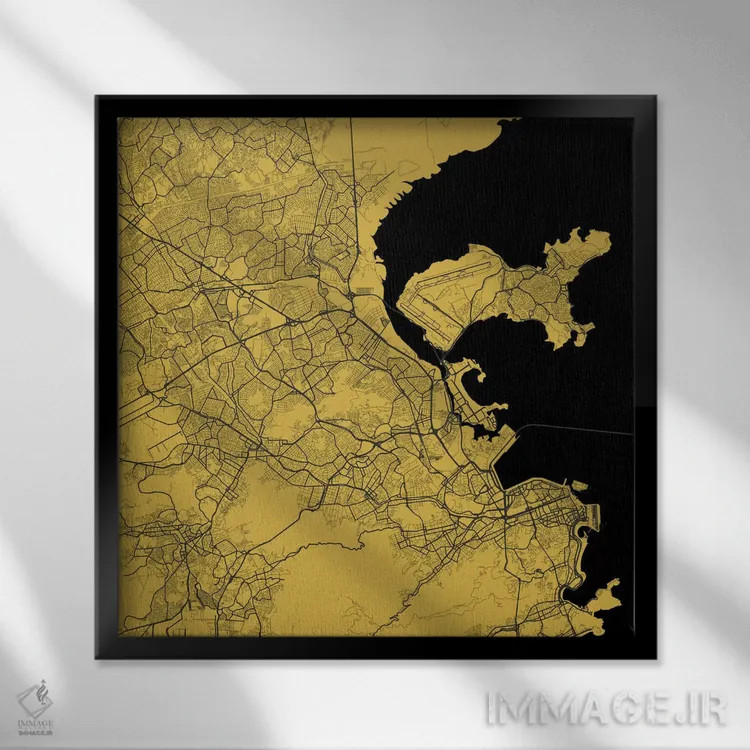 تابلو نقشهٔ شهری ریو دو ژانیرو (زرد) اثر اوربانمپ (نقشه شهری؛ استودیو نقشه یا طراح) - نمای قابدار مشکی
