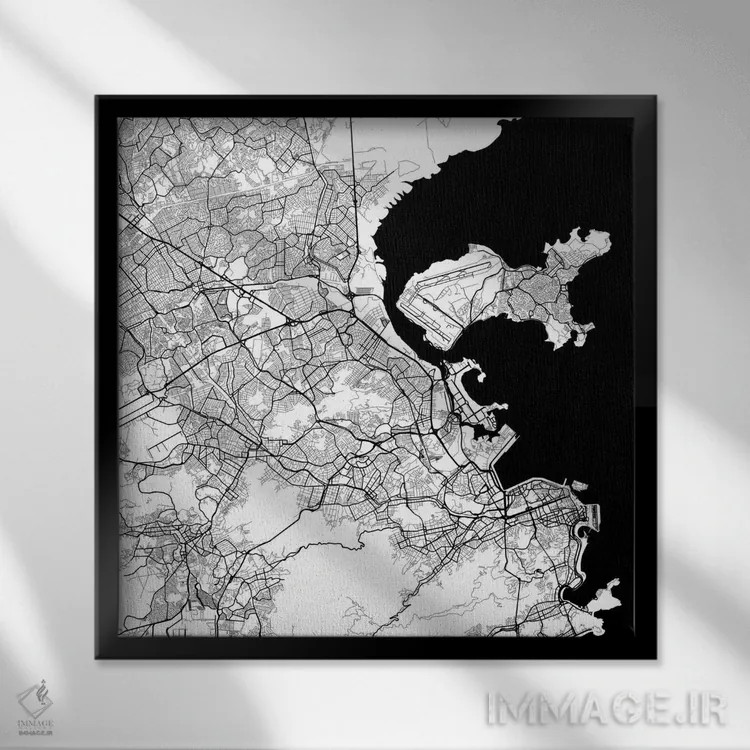 تابلو نقشهٔ شهری ریو دو ژانیرو (سفید) اثر اوربانمپ (نقشه شهری؛ استودیو نقشه یا طراح) - نمای قابدار مشکی