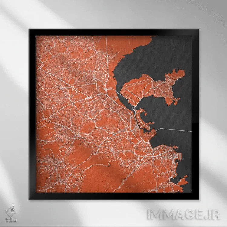 تابلو نقشهٔ شهری ریو دو ژانیرو (قرمز) اثر اوربانمپ (نقشه شهری؛ استودیو نقشه یا طراح) - نمای قابدار مشکی