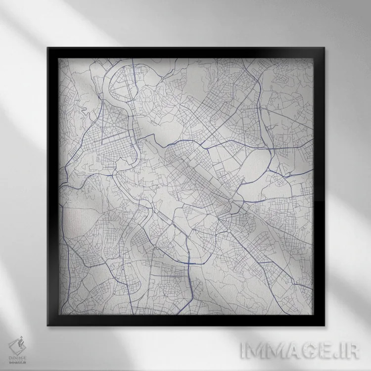 تابلو نقشهٔ جادههای شهری رم (آبی) اثر اوربانمپ (نقشه شهری؛ استودیو نقشه یا طراح) - نمای قابدار مشکی