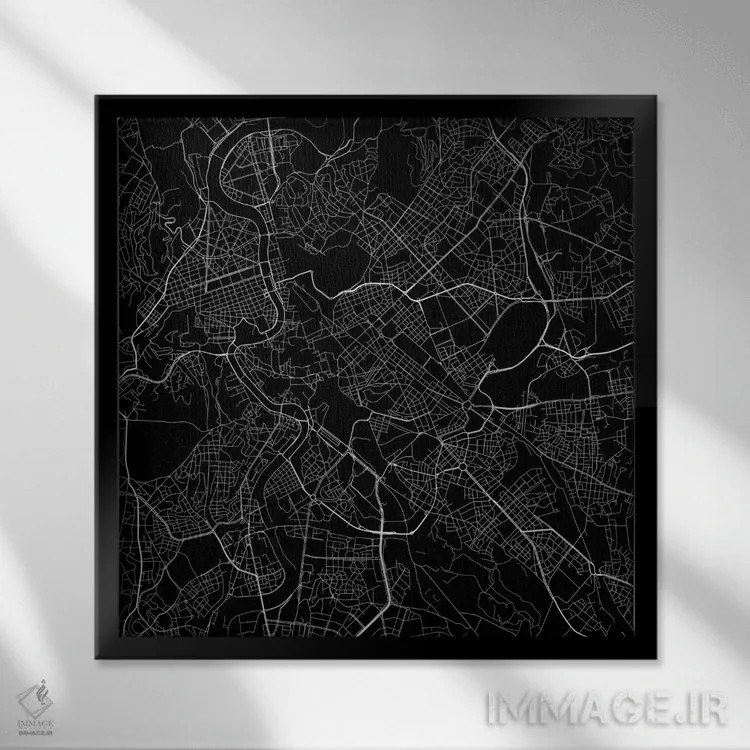 تابلو نقشهٔ جادههای شهری رم (سیاه) اثر اوربانمپ (نقشه شهری؛ استودیو نقشه یا طراح) - نمای قابدار مشکی