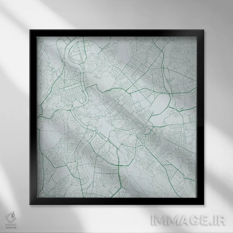 تابلو نقشهٔ جادههای شهری رم (سبز) اثر اوربانمپ (نقشه شهری؛ استودیو نقشه یا طراح) - نمای قابدار مشکی