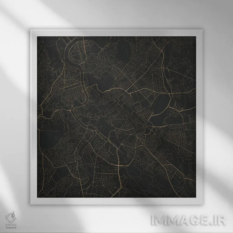 تابلو نقشهٔ جادههای شهری رم (سیاه و طلایی) اثر اوربانمپ (نقشه شهری؛ استودیو نقشه یا طراح) - نمای قابدار سفید