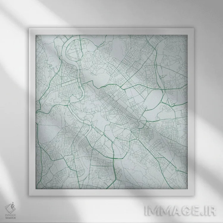 تابلو نقشهٔ جادههای شهری رم (سبز) اثر اوربانمپ (نقشه شهری؛ استودیو نقشه یا طراح) - نمای قابدار سفید