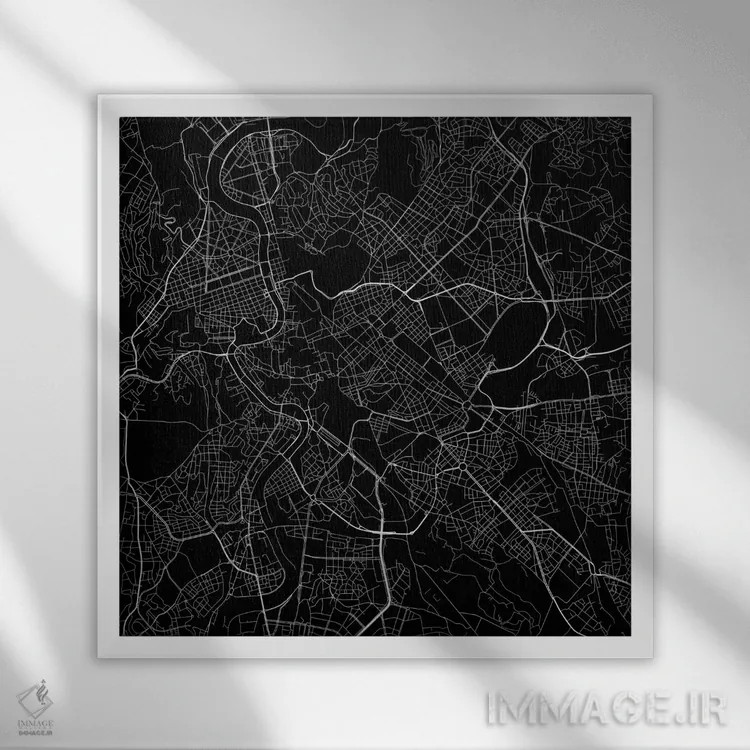 تابلو نقشهٔ جادههای شهری رم (سیاه) اثر اوربانمپ (نقشه شهری؛ استودیو نقشه یا طراح) - نمای قابدار سفید