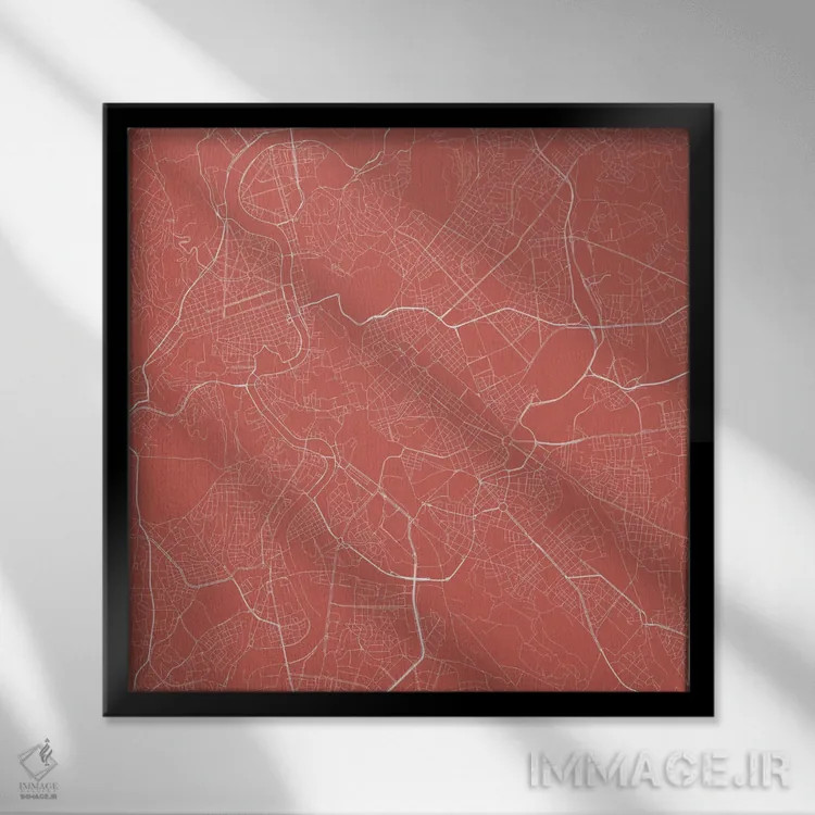 تابلو نقشهٔ جادههای شهری رم (صورتی) اثر اوربانمپ (نقشه شهری؛ استودیو نقشه یا طراح) - نمای قابدار مشکی