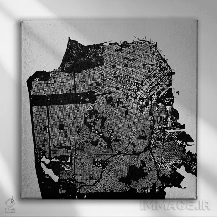 تابلو نقشهٔ شهری سان فرانسیسکو (سیاه) اثر اوربانمپ (نقشه شهری؛ استودیو نقشه یا طراح) - نمای روبهرو روی دیوار