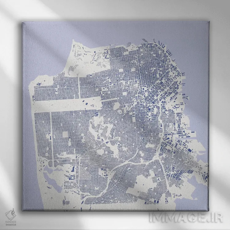 تابلو نقشهٔ شهری سان فرانسیسکو (آبی) اثر اوربانمپ (نقشه شهری؛ استودیو نقشه یا طراح) - نمای روبهرو روی دیوار