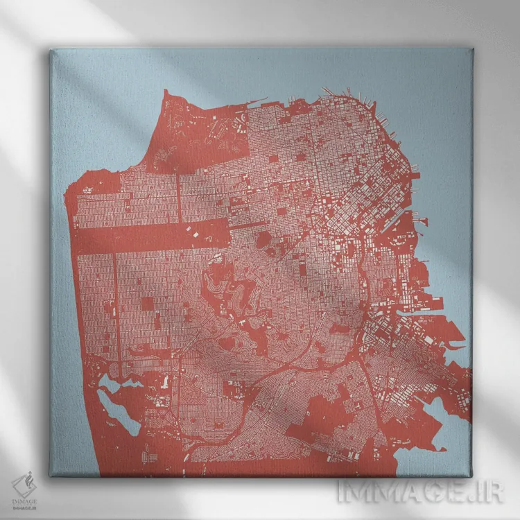 تابلو نقشهٔ شهری سان فرانسیسکو (صورتی) اثر اوربانمپ (نقشه شهری؛ استودیو نقشه یا طراح) - نمای روبهرو روی دیوار