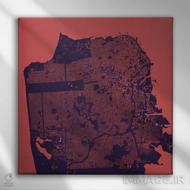 تابلو نقشهٔ شهری سان فرانسیسکو (شب بنفش) اثر اوربانمپ (نقشه شهری؛ استودیو نقشه یا طراح) - نمای روبهرو روی دیوار