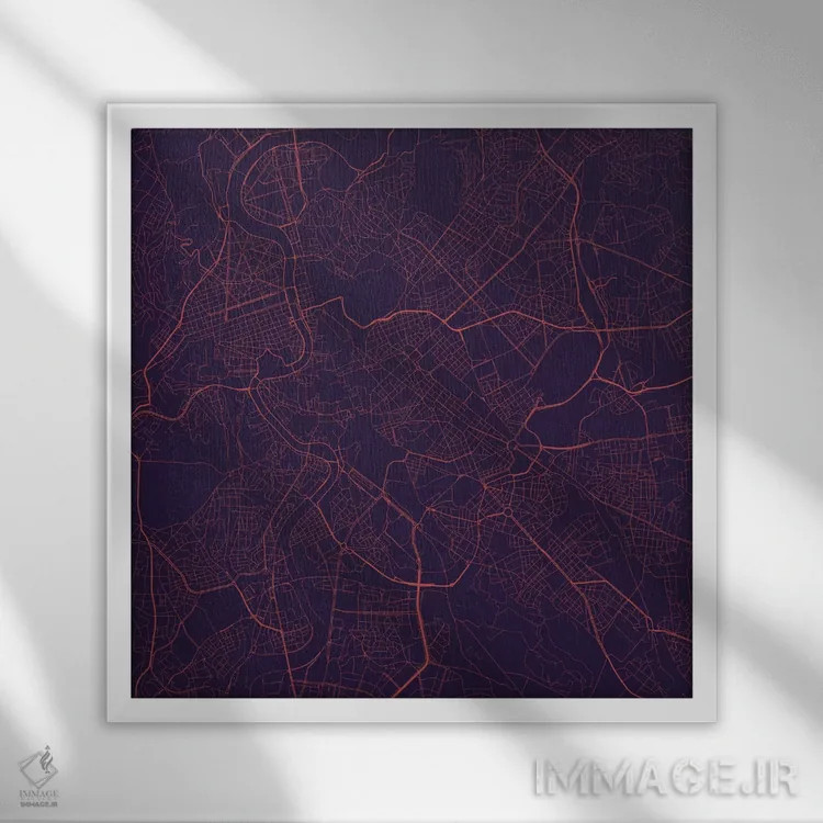 تابلو نقشهٔ جادههای شهری رم (شب بنفش) اثر اوربانمپ (نقشه شهری؛ استودیو نقشه یا طراح) - نمای قابدار سفید