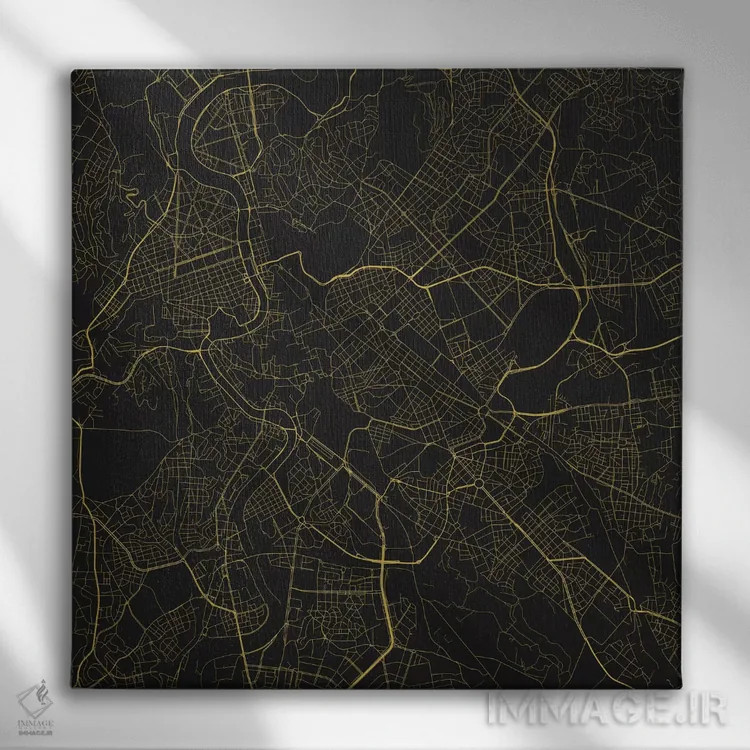 تابلو نقشهٔ جادههای شهری رم (زرد) اثر اوربانمپ (نقشه شهری؛ استودیو نقشه یا طراح) - نمای روبهرو روی دیوار