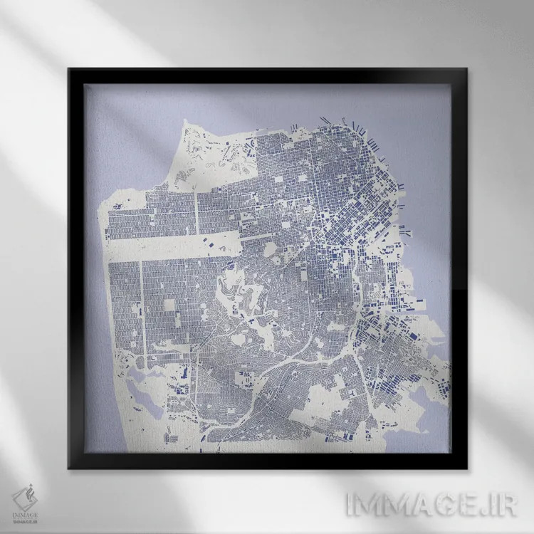 تابلو نقشهٔ شهری سان فرانسیسکو (آبی) اثر اوربانمپ (نقشه شهری؛ استودیو نقشه یا طراح) - نمای قابدار مشکی
