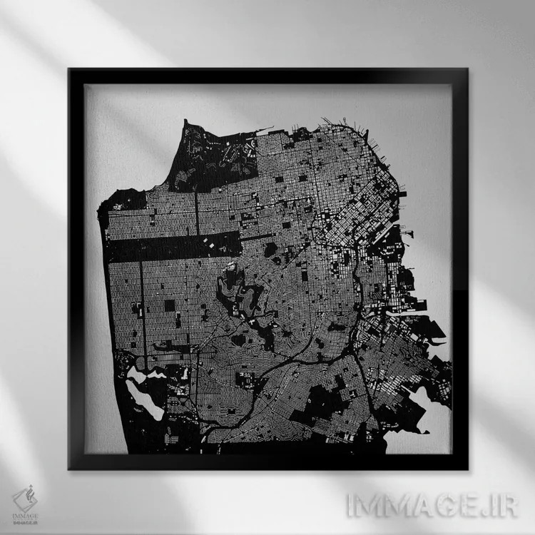 تابلو نقشهٔ شهری سان فرانسیسکو (سیاه) اثر اوربانمپ (نقشه شهری؛ استودیو نقشه یا طراح) - نمای قابدار مشکی