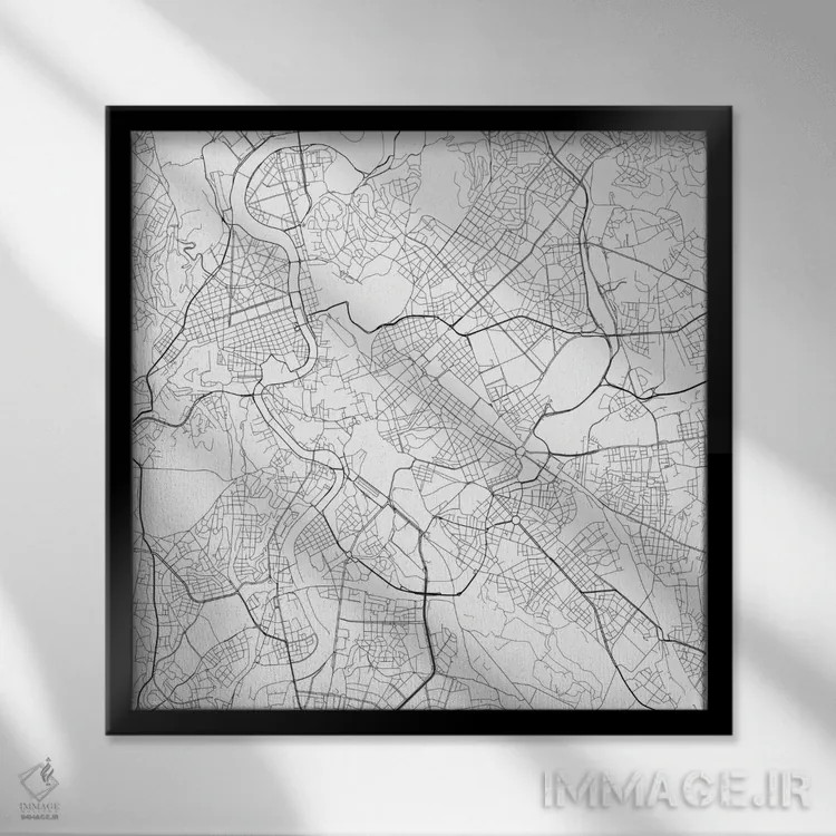تابلو نقشهٔ جادههای شهری رم (سفید) اثر اوربانمپ (نقشه شهری؛ استودیو نقشه یا طراح) - نمای قابدار مشکی