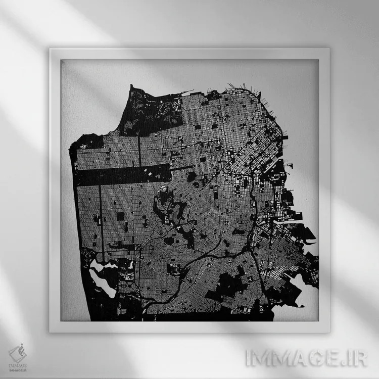 تابلو نقشهٔ شهری سان فرانسیسکو (سیاه) اثر اوربانمپ (نقشه شهری؛ استودیو نقشه یا طراح) - نمای قابدار سفید