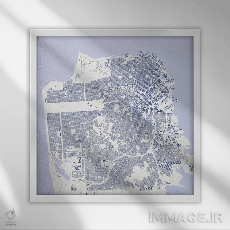 تابلو نقشهٔ شهری سان فرانسیسکو (آبی) اثر اوربانمپ (نقشه شهری؛ استودیو نقشه یا طراح) - نمای قابدار سفید