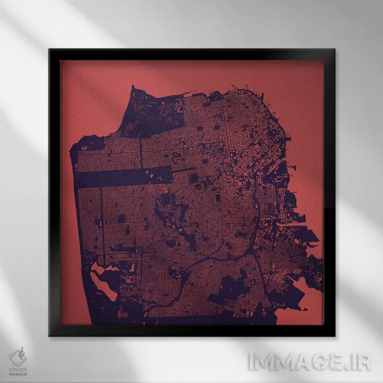 تابلو نقشهٔ شهری سان فرانسیسکو (شب بنفش) اثر اوربانمپ (نقشه شهری؛ استودیو نقشه یا طراح) - نمای قابدار مشکی