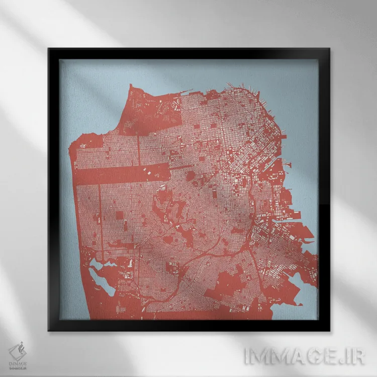 تابلو نقشهٔ شهری سان فرانسیسکو (صورتی) اثر اوربانمپ (نقشه شهری؛ استودیو نقشه یا طراح) - نمای قابدار مشکی