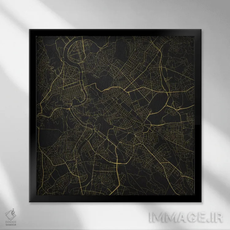 تابلو نقشهٔ جادههای شهری رم (زرد) اثر اوربانمپ (نقشه شهری؛ استودیو نقشه یا طراح) - نمای قابدار مشکی