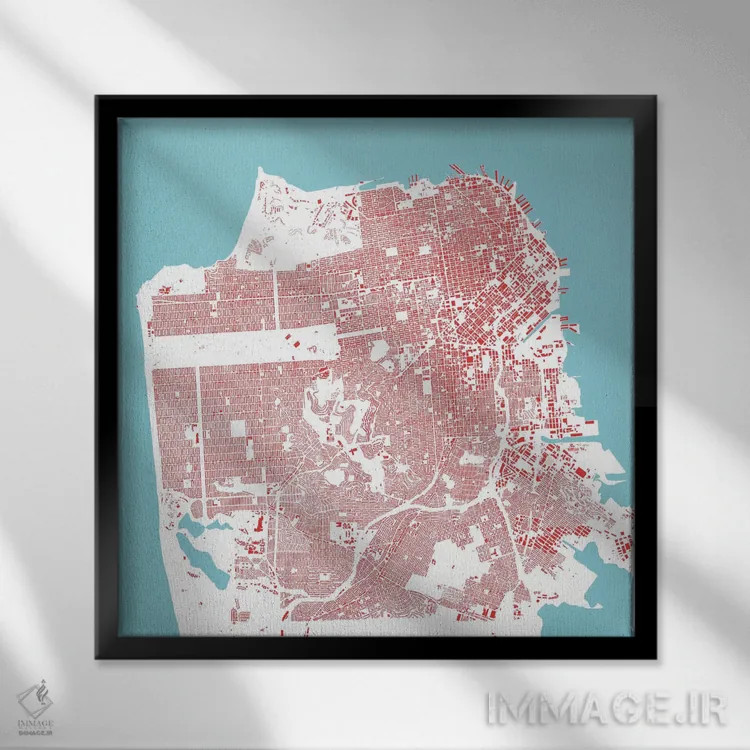 تابلو نقشهٔ شهری سان فرانسیسکو (قرمز) اثر اوربانمپ (نقشه شهری؛ استودیو نقشه یا طراح) - نمای قابدار مشکی
