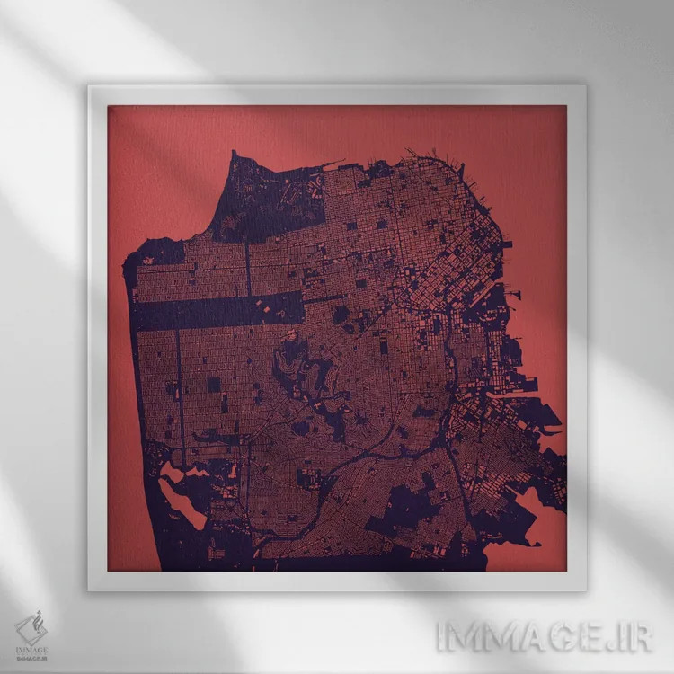 تابلو نقشهٔ شهری سان فرانسیسکو (شب بنفش) اثر اوربانمپ (نقشه شهری؛ استودیو نقشه یا طراح) - نمای قابدار سفید