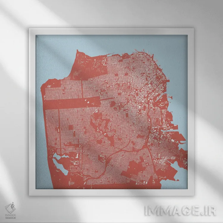 تابلو نقشهٔ شهری سان فرانسیسکو (صورتی) اثر اوربانمپ (نقشه شهری؛ استودیو نقشه یا طراح) - نمای قابدار سفید