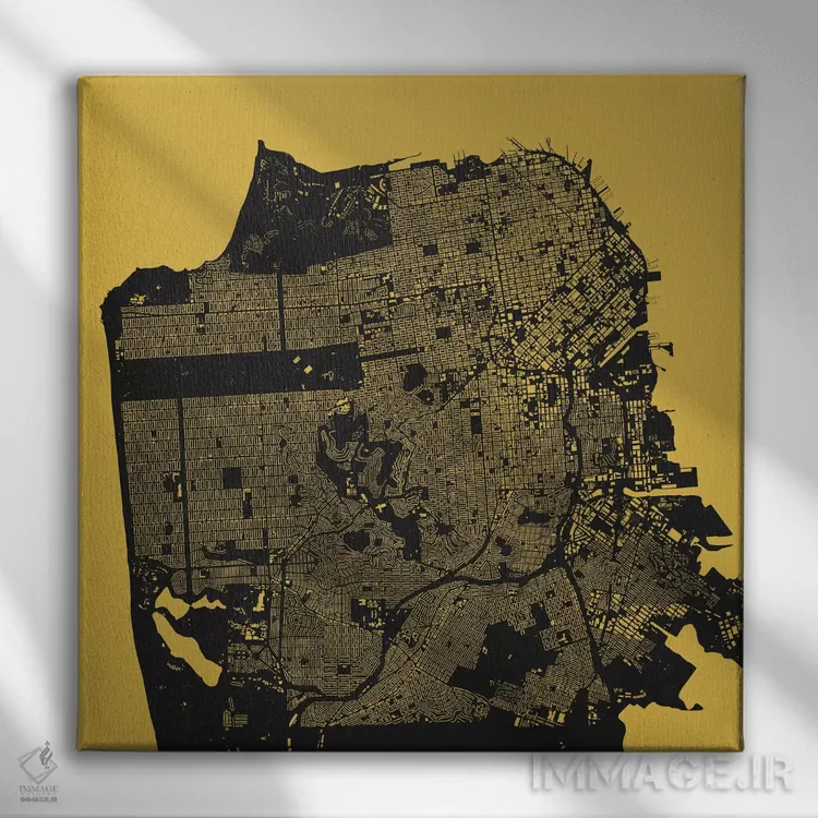 تابلو نقشهٔ شهری سان فرانسیسکو (زرد) اثر اوربانمپ (نقشه شهری؛ استودیو نقشه یا طراح) - نمای روبهرو روی دیوار