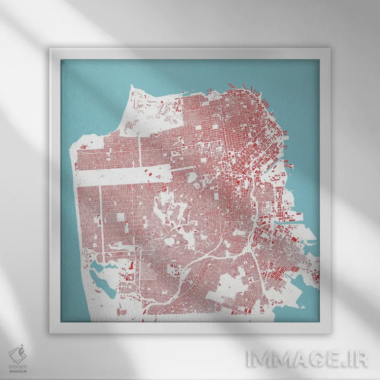 تابلو نقشهٔ شهری سان فرانسیسکو (قرمز) اثر اوربانمپ (نقشه شهری؛ استودیو نقشه یا طراح) - نمای قابدار سفید