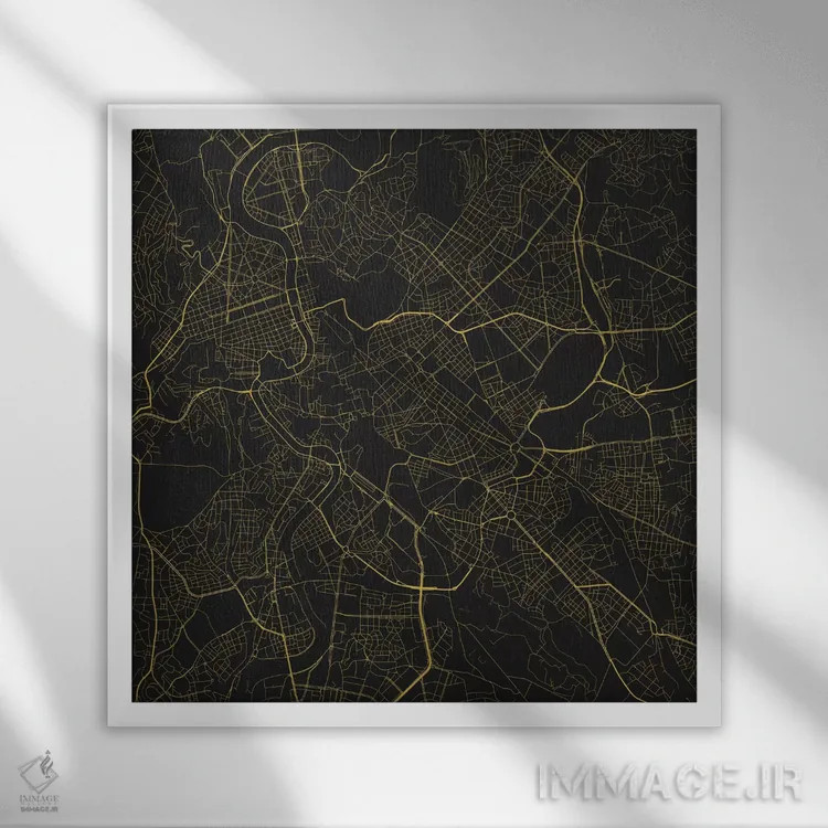 تابلو نقشهٔ جادههای شهری رم (زرد) اثر اوربانمپ (نقشه شهری؛ استودیو نقشه یا طراح) - نمای قابدار سفید