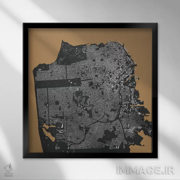 تابلو نقشهٔ شهری سان فرانسیسکو (طلایی) اثر اوربانمپ (نقشه شهری؛ استودیو نقشه یا طراح) - نمای قابدار مشکی