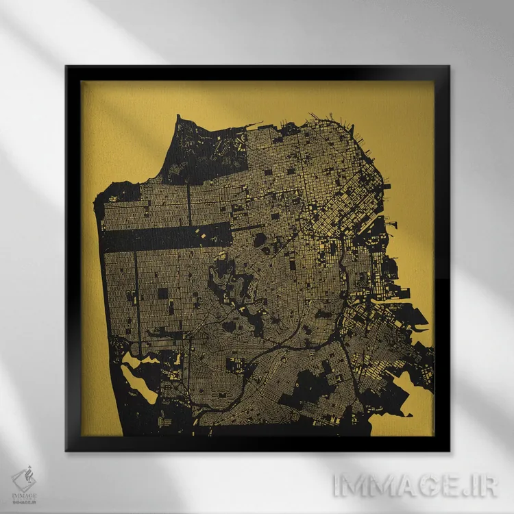 تابلو نقشهٔ شهری سان فرانسیسکو (زرد) اثر اوربانمپ (نقشه شهری؛ استودیو نقشه یا طراح) - نمای قابدار مشکی