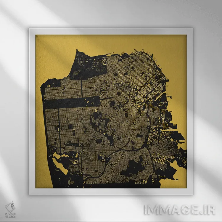 تابلو نقشهٔ شهری سان فرانسیسکو (زرد) اثر اوربانمپ (نقشه شهری؛ استودیو نقشه یا طراح) - نمای قابدار سفید