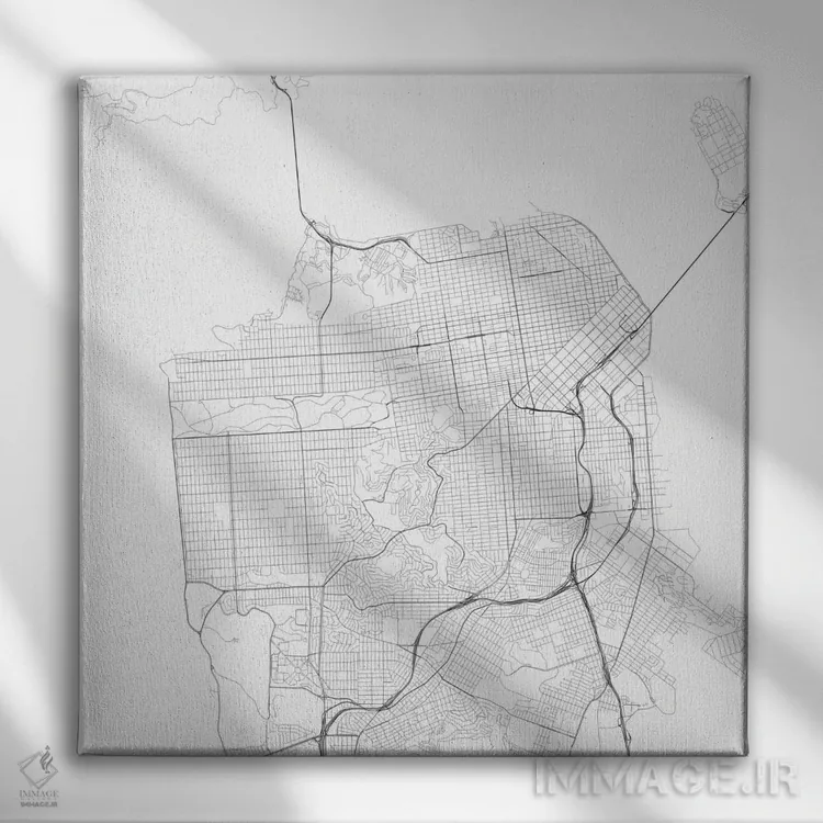 تابلو نقشهٔ جادههای شهری سان فرانسیسکو (سفید) اثر اوربانمپ (نقشه شهری؛ استودیو نقشه یا طراح) - نمای روبهرو روی دیوار