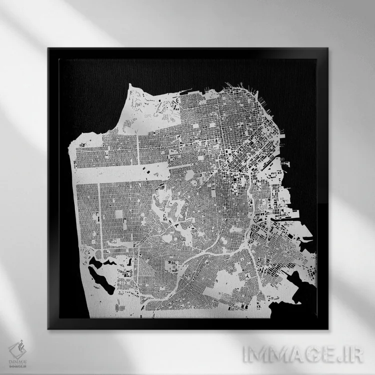 تابلو نقشهٔ شهری سان فرانسیسکو (سفید) اثر اوربانمپ (نقشه شهری؛ استودیو نقشه یا طراح) - نمای قابدار مشکی