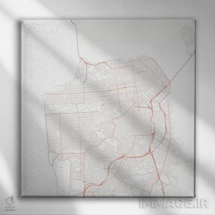 تابلو نقشهٔ جادههای شهری سان فرانسیسکو (قرمز) اثر اوربانمپ (نقشه شهری؛ استودیو نقشه یا طراح) - نمای روبهرو روی دیوار