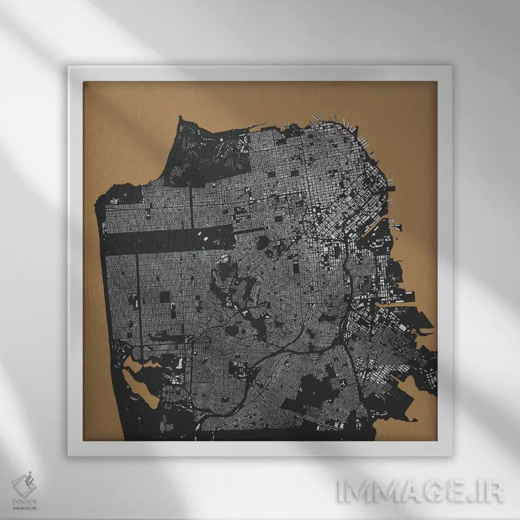 تابلو نقشهٔ شهری سان فرانسیسکو (طلایی) اثر اوربانمپ (نقشه شهری؛ استودیو نقشه یا طراح) - نمای قابدار سفید